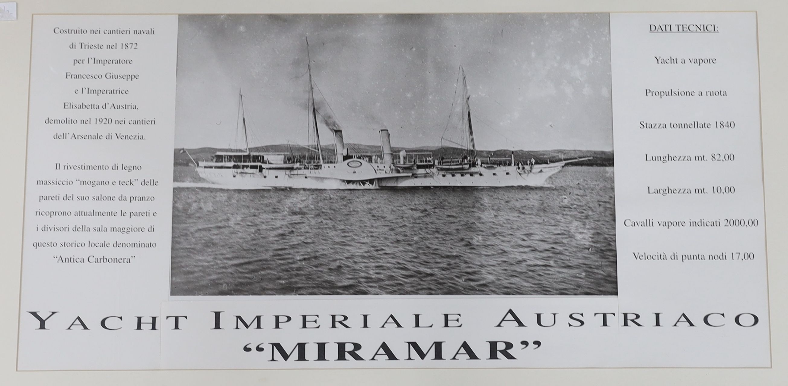 An Italian monochrome print of the steam yacht Miramar, 48 x 98cm